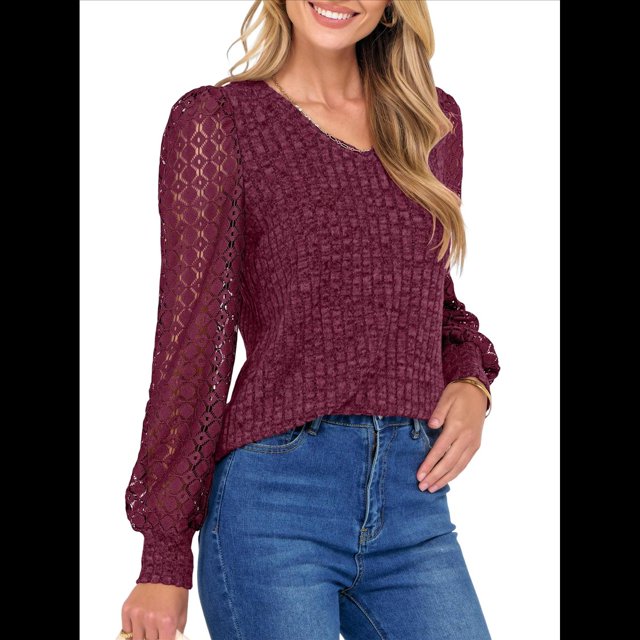 Blusas de Encaje de Larga para Mujer, Suéteres de Cuello en V A para Otoño 2025, Atuendos Elegantes e Informales de Invierno Vino Tinto S