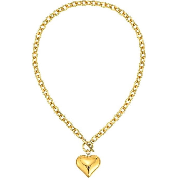 VNOX Chunky Gold Necklace for Women - 18K Gold Plated Heart Pearl Pendant Necklace, Non Tarnish Stainless Steel Statement Necklaces, Charm Cuban Chain Trendy Jewelry, Christmas Birthday Gift for Her