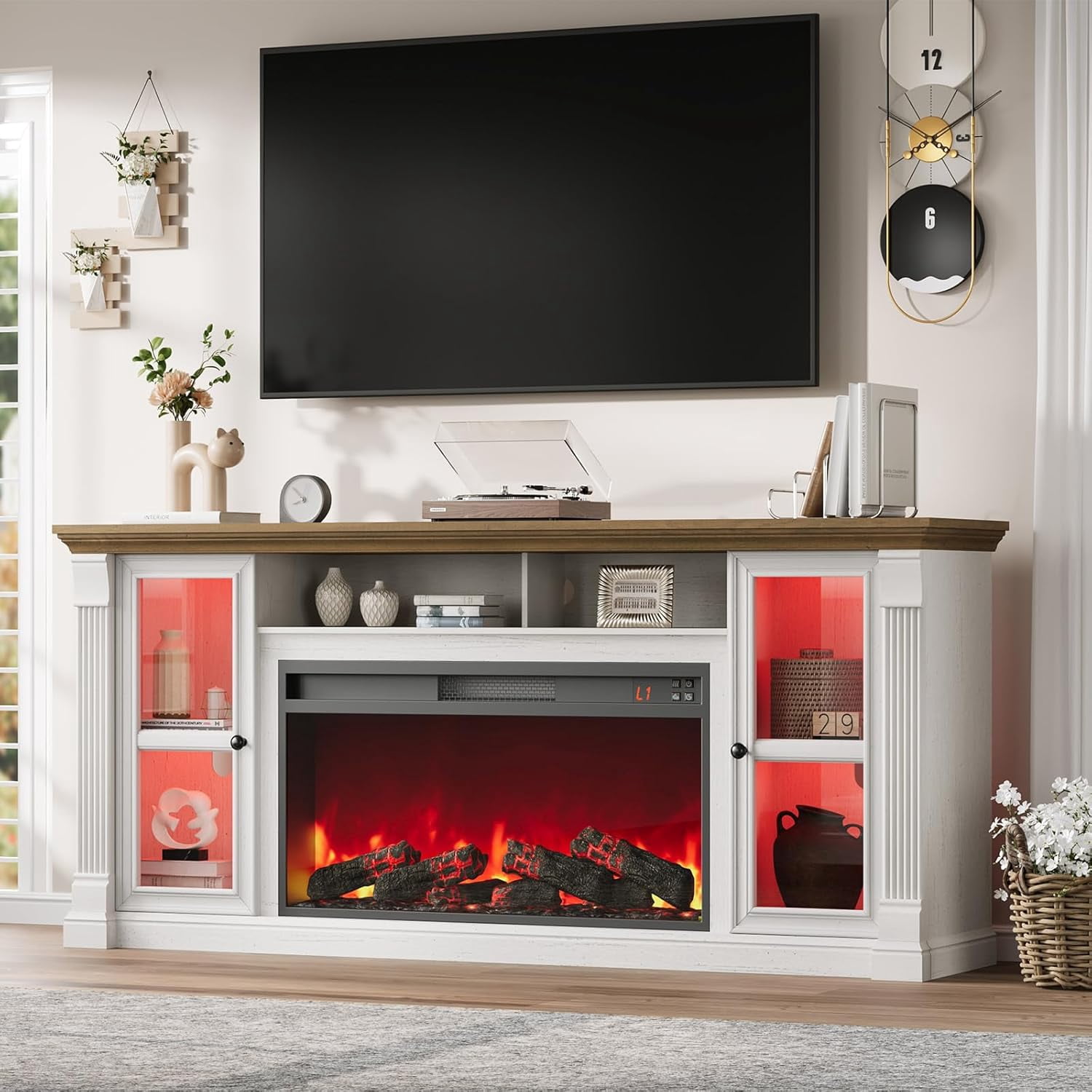 Vecenuy Farmhouse Fireplace TV Stand for 80" TVs, 70" Highboy Entertainment Center with 36" Electric Fireplace & LED Lights, Media Console with Adjustable Shelves for Living Room, Antique White