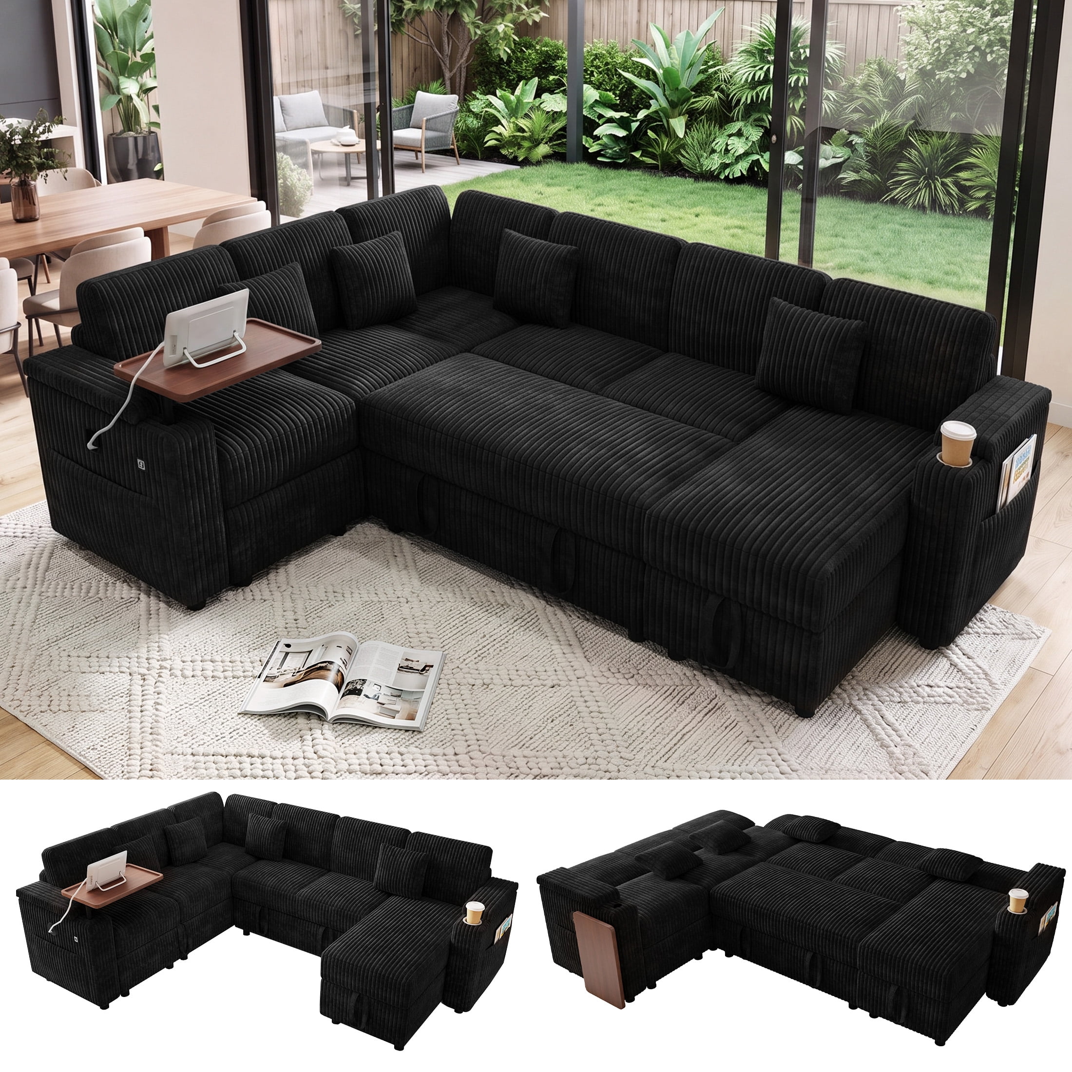 Aenkyo 7-Seat Corduroy U-Shaped Sectional Sleeper Sofa Bed with Storage Chaise and USB Charging, Black