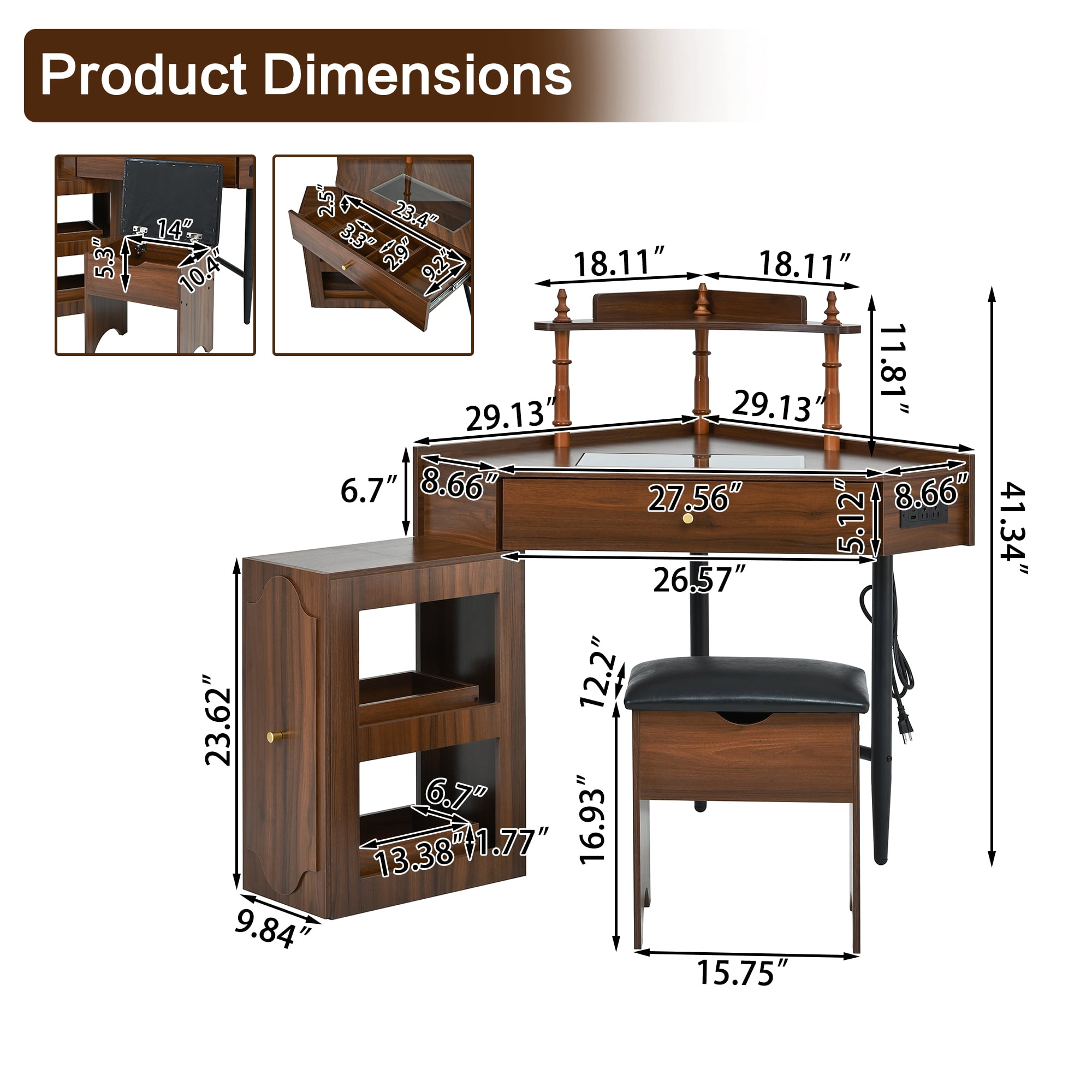 Aukfa Corner Vanity Set with Charging Station, Glass Desk & Removable Organizer Cabinet, Makeup Table with Stool,Walnut