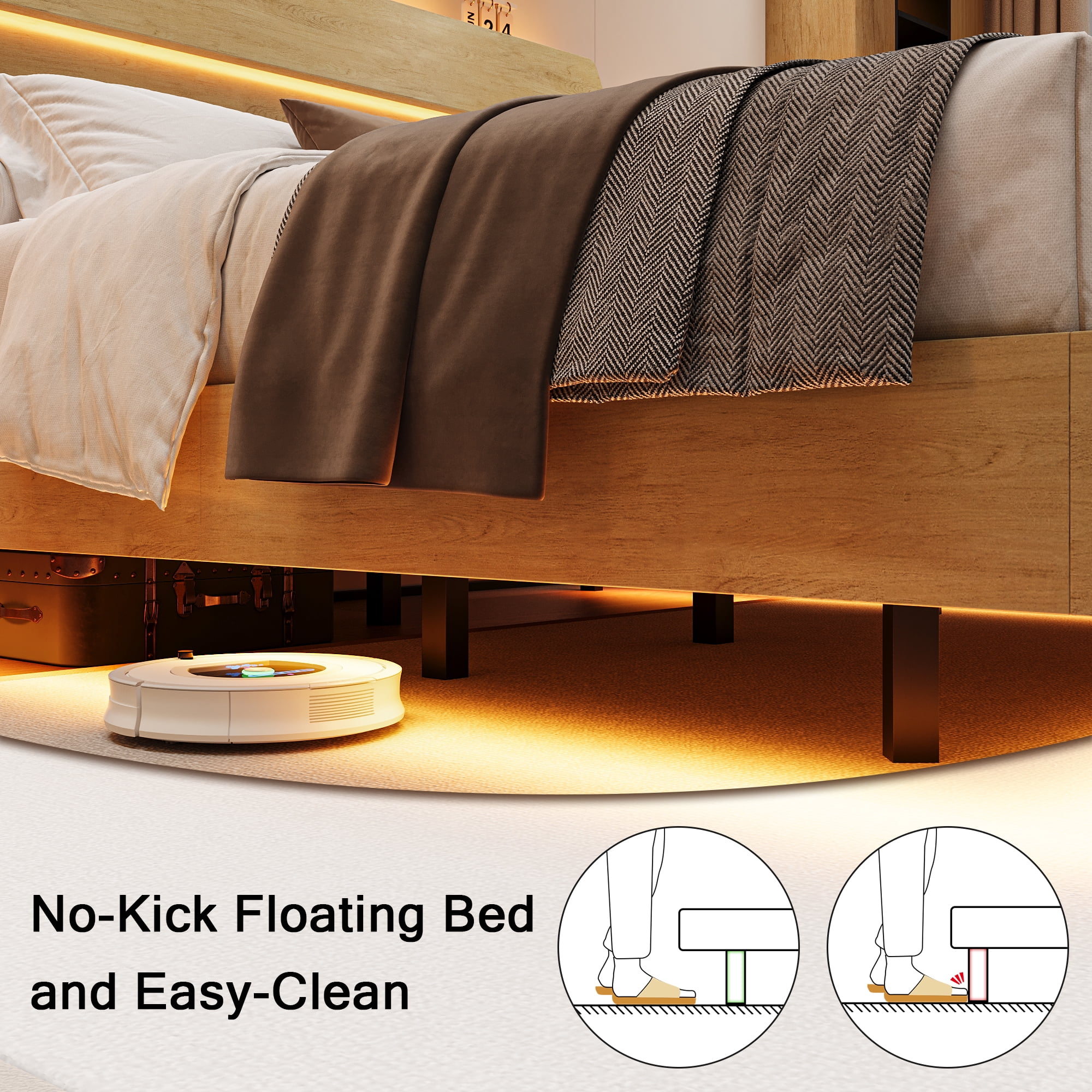Einhomn Floating Bed Frame King Size with Storage Headboard, LED Lights and Charging Station, No Box Spring Needed