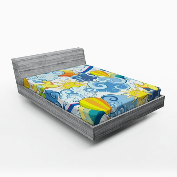 Sky Fitted Sheet, Childrens Theme Clouds Smiling Sun Airplanes and Balloons Illustration Print, Soft Decorative Fabric Bedding, Queen Size, Yellow and Pale Blue, by Ambesonne