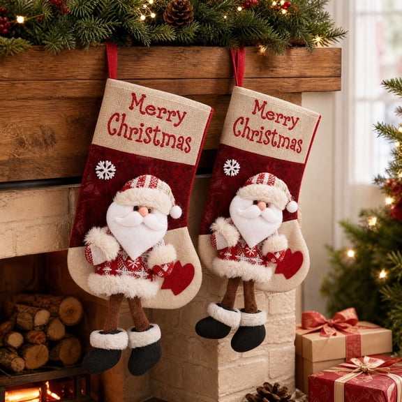 Darzheoy Christmas Stockings, 2 Pcs Long-Leg Santa Doll Embroidery, Indoor Outdoor Christmas Decorations, Holiday Family Decor, Mantel Decor for Fireplace Home
