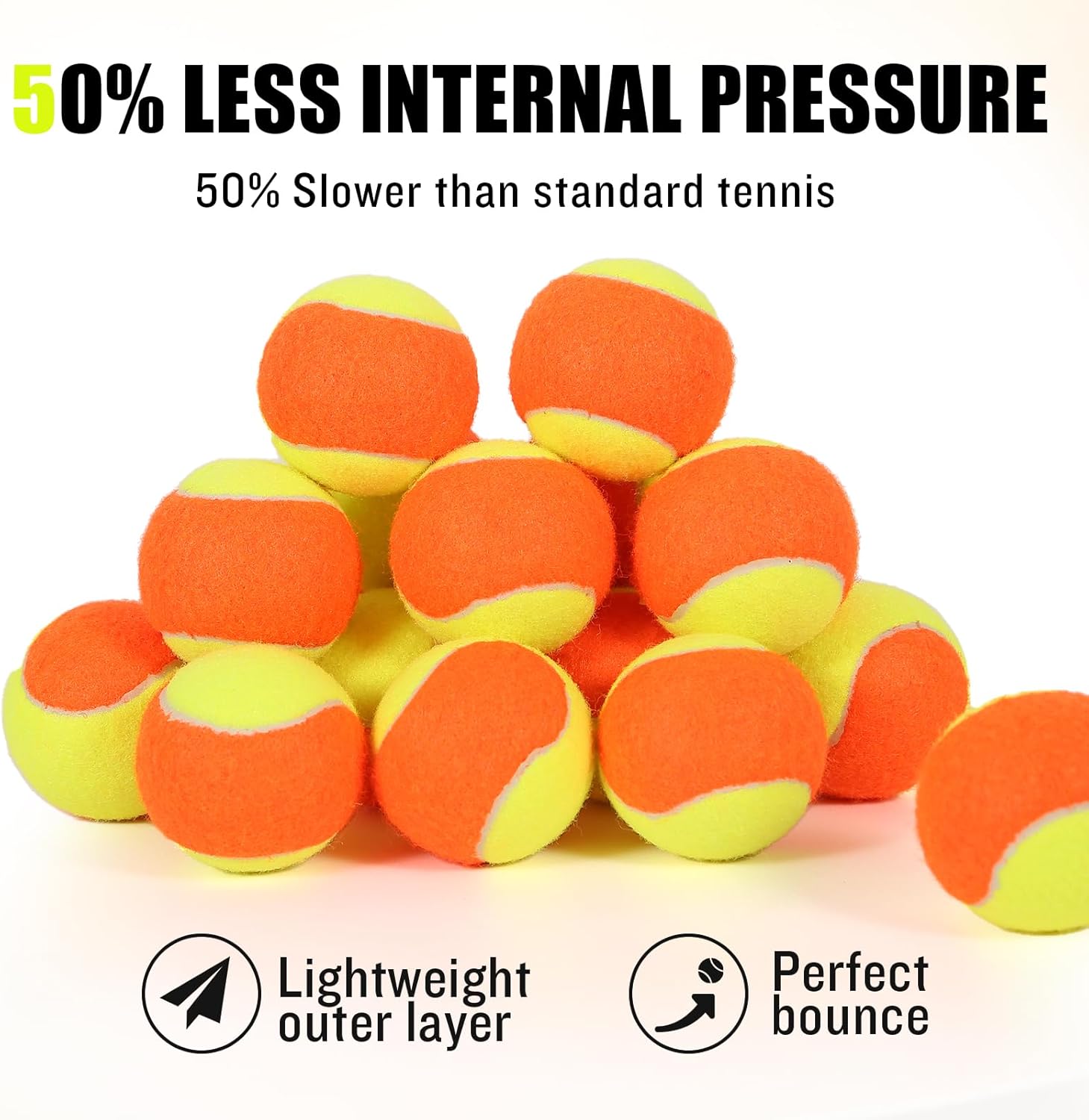 12/18/24/30/40 Pack Tennis Balls for Kids 25%-50% Low Compression Stage Tennis Ball for Beginners Youth Kids Training Practicing with Mesh Bag Easy to Transport
