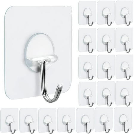 

Wall Hooks 15lb(Max) for Hanging Heavy Duty Self Adhesive Hooks Transparent Waterproof Sticky Hooks for Bathroom Kitchen Office Outdoors-20 Packs