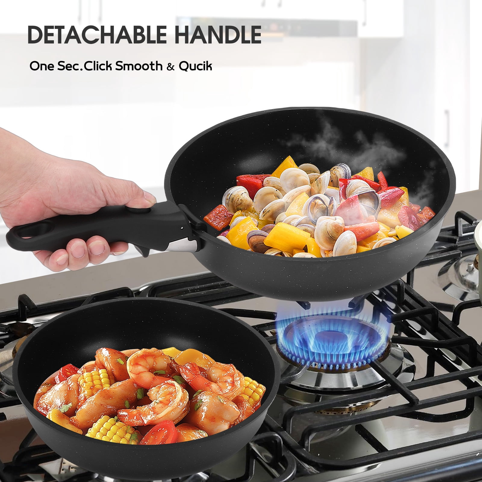 20 Piece Ceramic Pots and Pans Set Non Stick, Cookware Set with Detachable Handles, Oven Safe, Induction Ready, Stackable RV Kitchen Cooking Set, Black