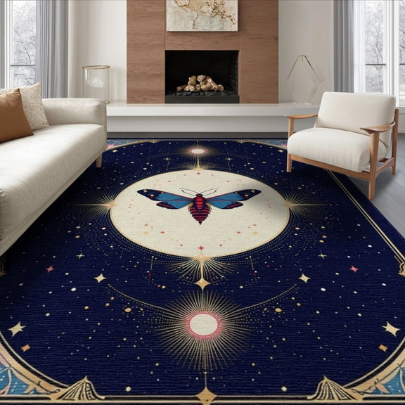 ODIKA 8'x10' Washable Area Rug Non-Slip Chair-Friendly Mat Moth Shaped Gothic Mystical Tarot Whimsical Round Witchy Motif for Dining Room, Large Office, Lounge