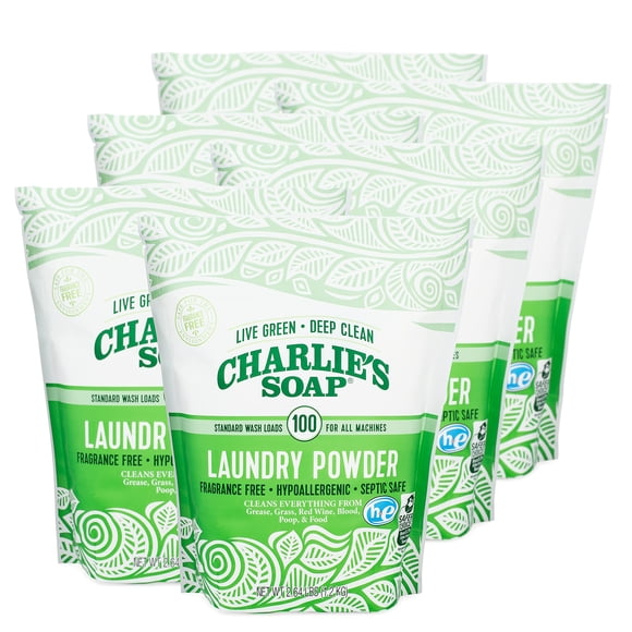 Detergente en polvo para ropa Charlie's Soap, paquete de 6, hipoalergénico, 100 lavados