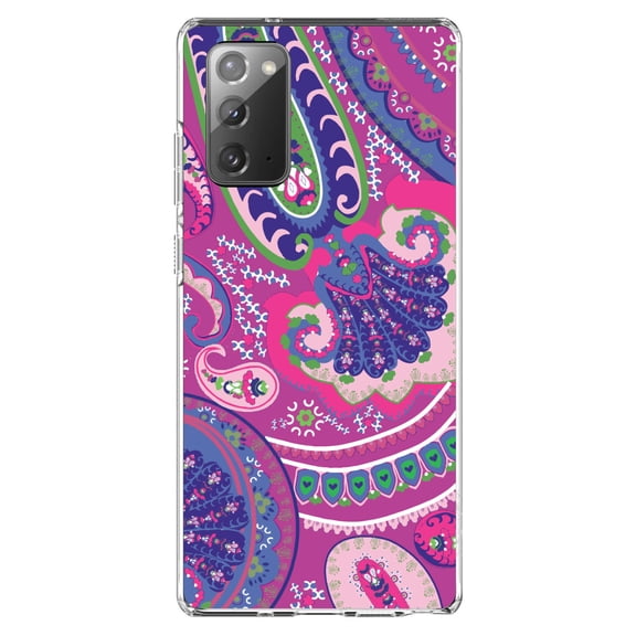 DistinctInk Clear Shockproof Hybrid Case for Samsung Galaxy Note 20 (6.7" Screen) - TPU Bumper, Acrylic Back, Tempered Glass Screen Protector - Pink Purple Green Paisley