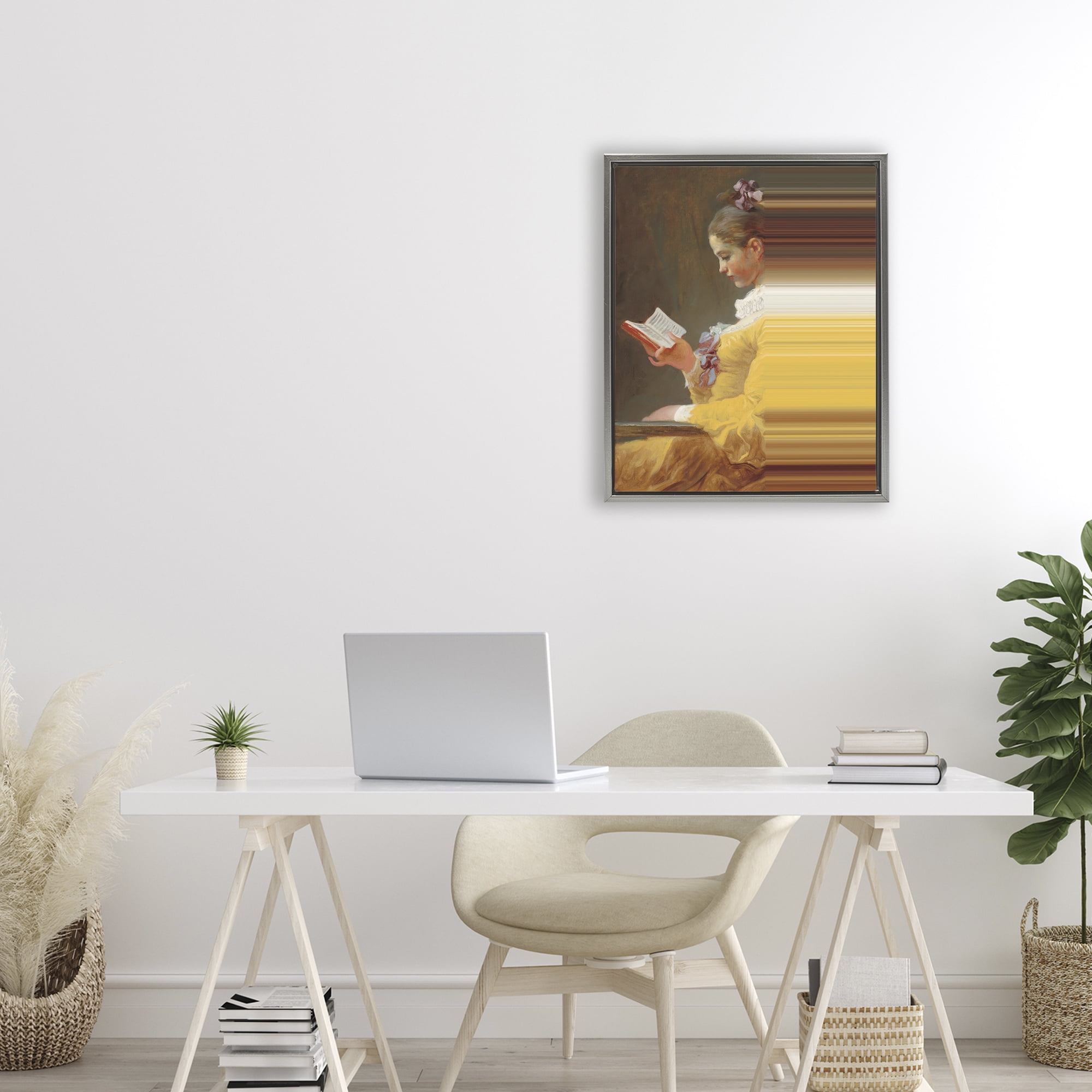 Vintage Lady Reading with Gradient Streaks Gray Framed Floater Canvas Wall Art, design by Seven Trees Design