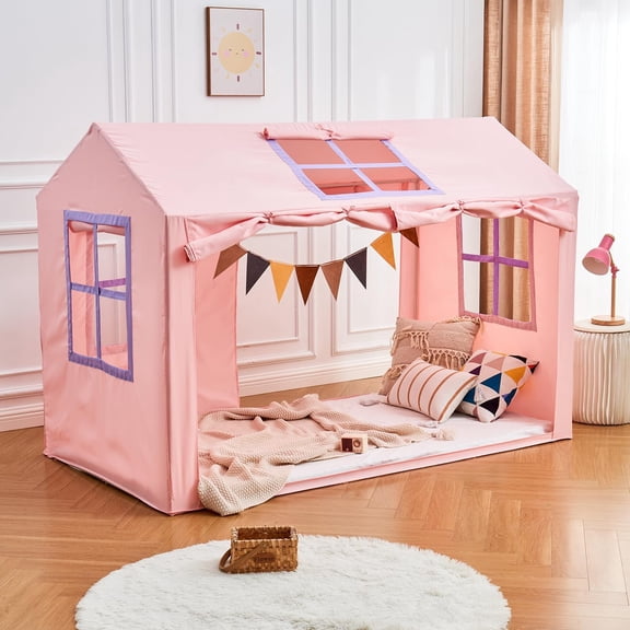 Twin Bed Tent Indoor Bed Canopy Kids Tents for Girls with 2 Doors, Breathable Private Space Fort Tents for Kids Floor Bed (Twin, Pink)
