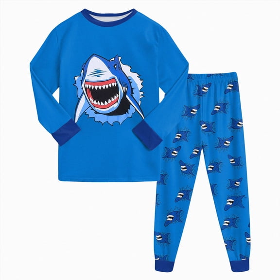 CAICJ98 Boys Pajamas Long Sleeve Shark Pjs Set Toddler Little Kids Snug Fit Soft 2 Piece Cotton Sleepwear & Loungewear (5-6 Years,Blue)