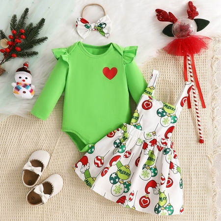 

Hbdhejl Outfit Set For Girls Boys Toddler Infant Christmas Long Sleeve Romper Bodysuit Xmas Cartoon Printed Suspender Skirts Outfits Green 6-12 Months