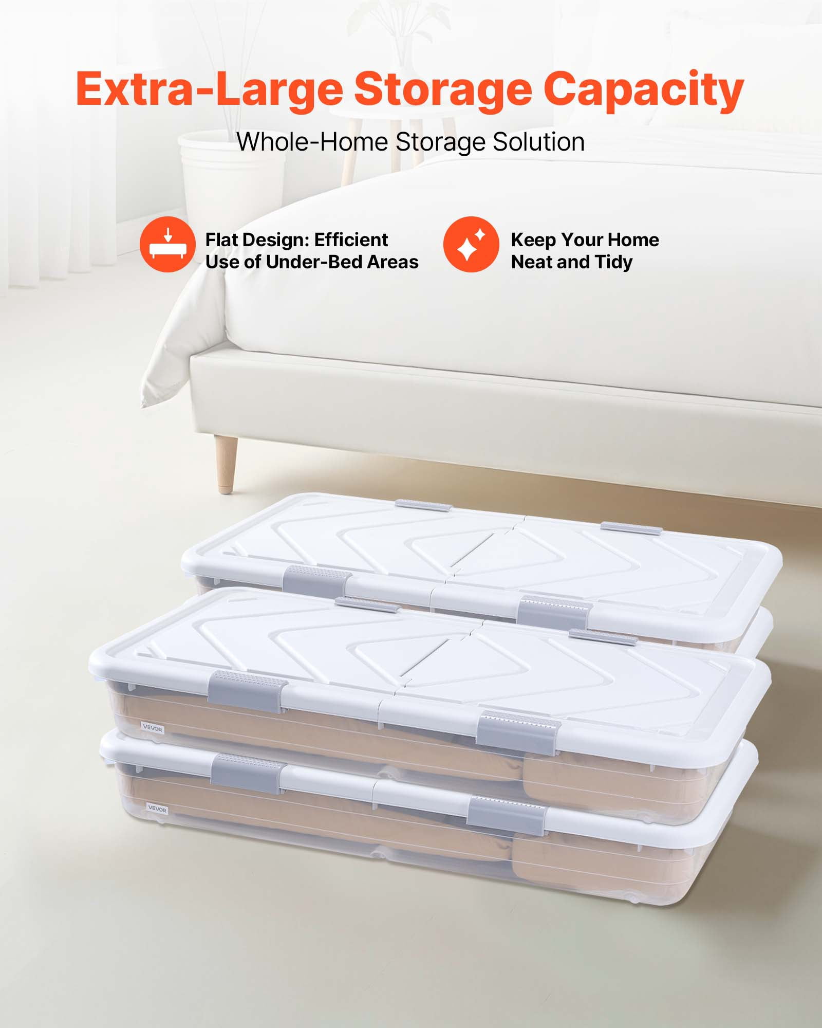 VEVOR Under Bed Storage with Wheels, 31.7 x 15.6 x 6.9 inch Underbed Containers, Underbed Shoes Organizer with Lid & Gray Latch, Rolling Under the Bed Storage Bins for Clothes Shoes Blankets, 4 Pack