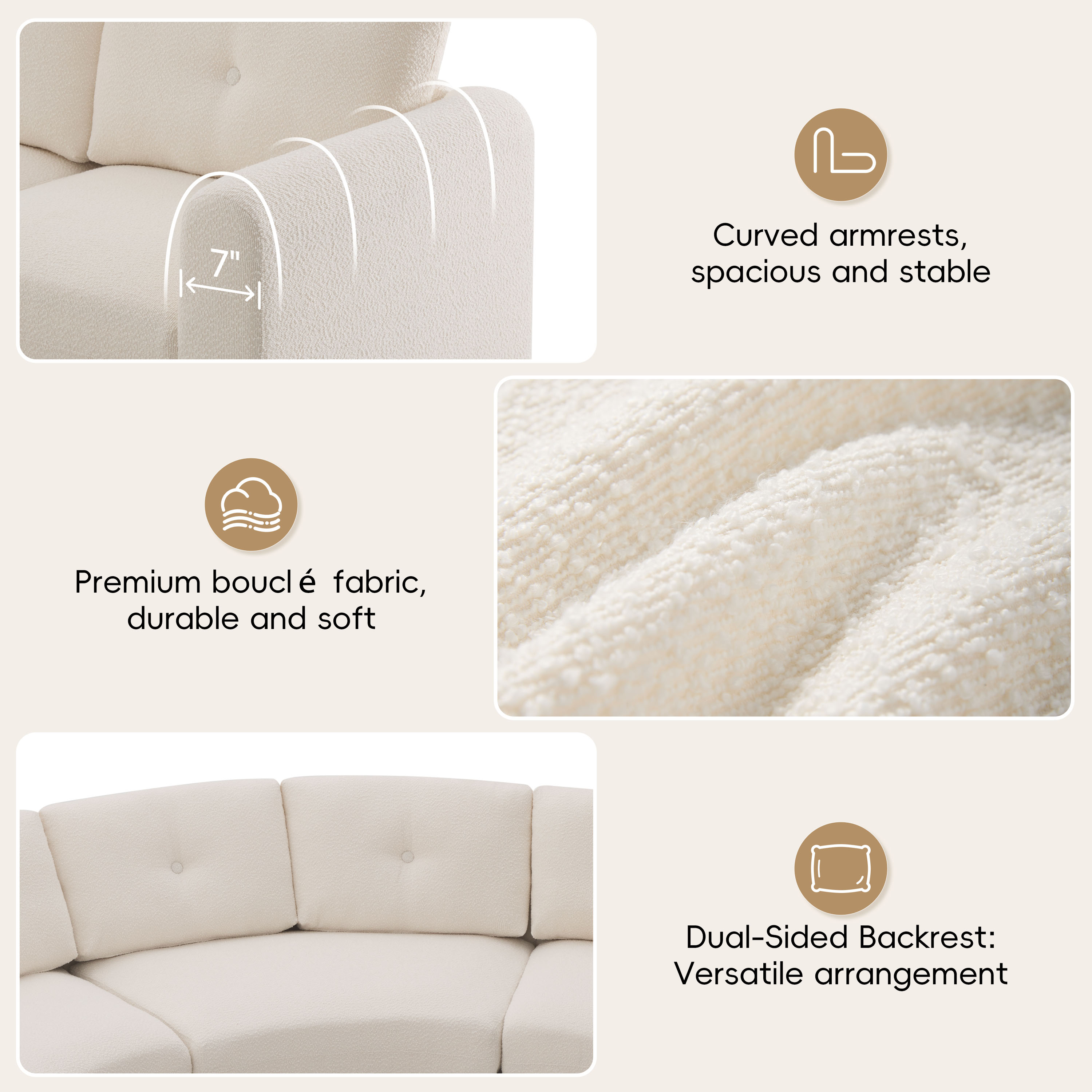 GARITIN 6 Piece Modular Curved Sectional Sofa 136.5 Inch, Upholstered Boucle Couch with Button Tufted Back for Living Room, Beige