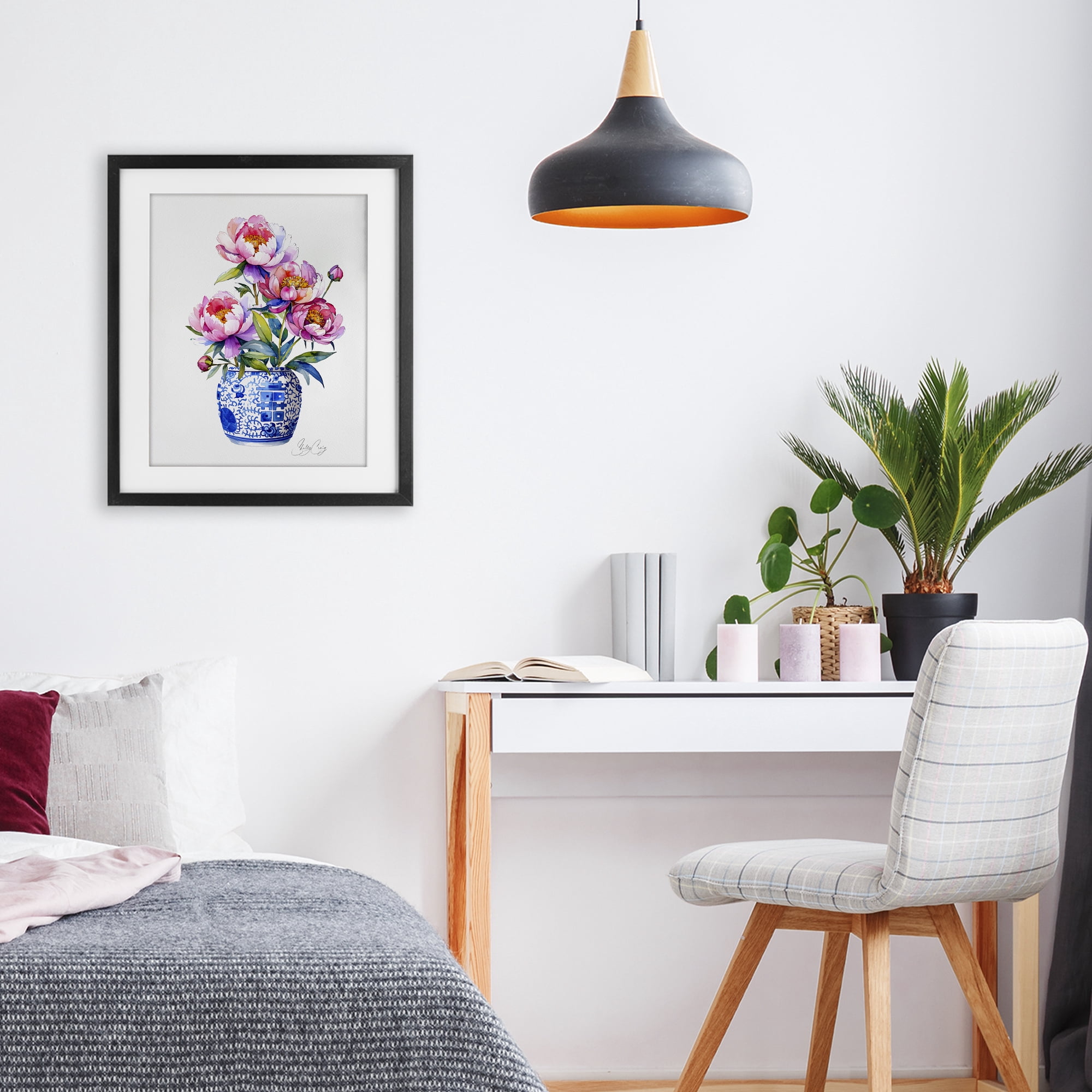 Stupell Industries Blue Dynasty Blooms Black Framed Print Under Glass, design by Shelly Craig