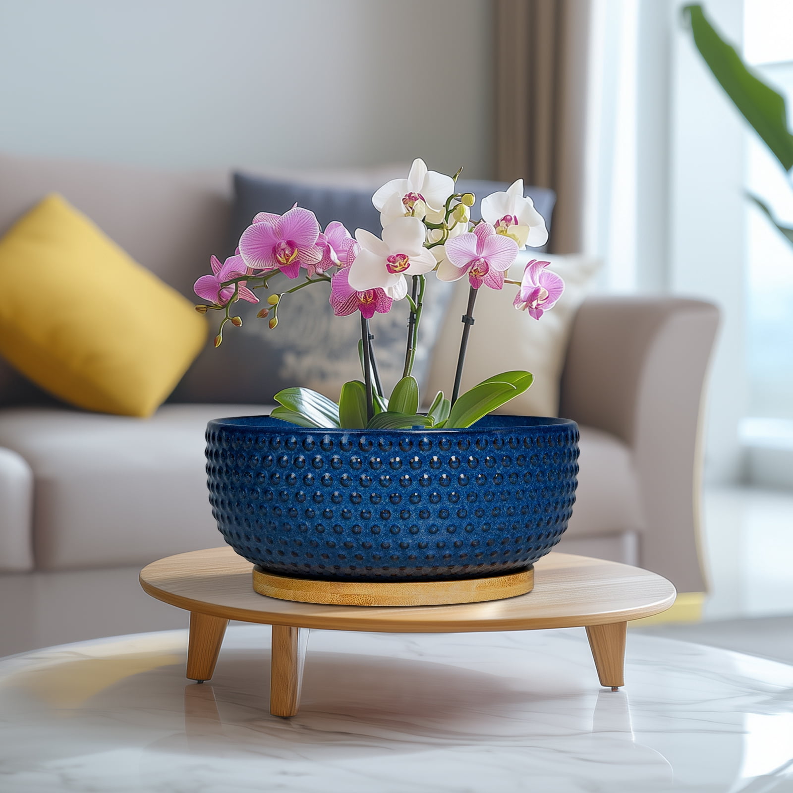 8 inch Succulent Planter Bowl, Round Ceramic Pot with Drainage Hole & Bamboo Tray,Shallow Flower Pots for Indoor Plants Cactus Blue