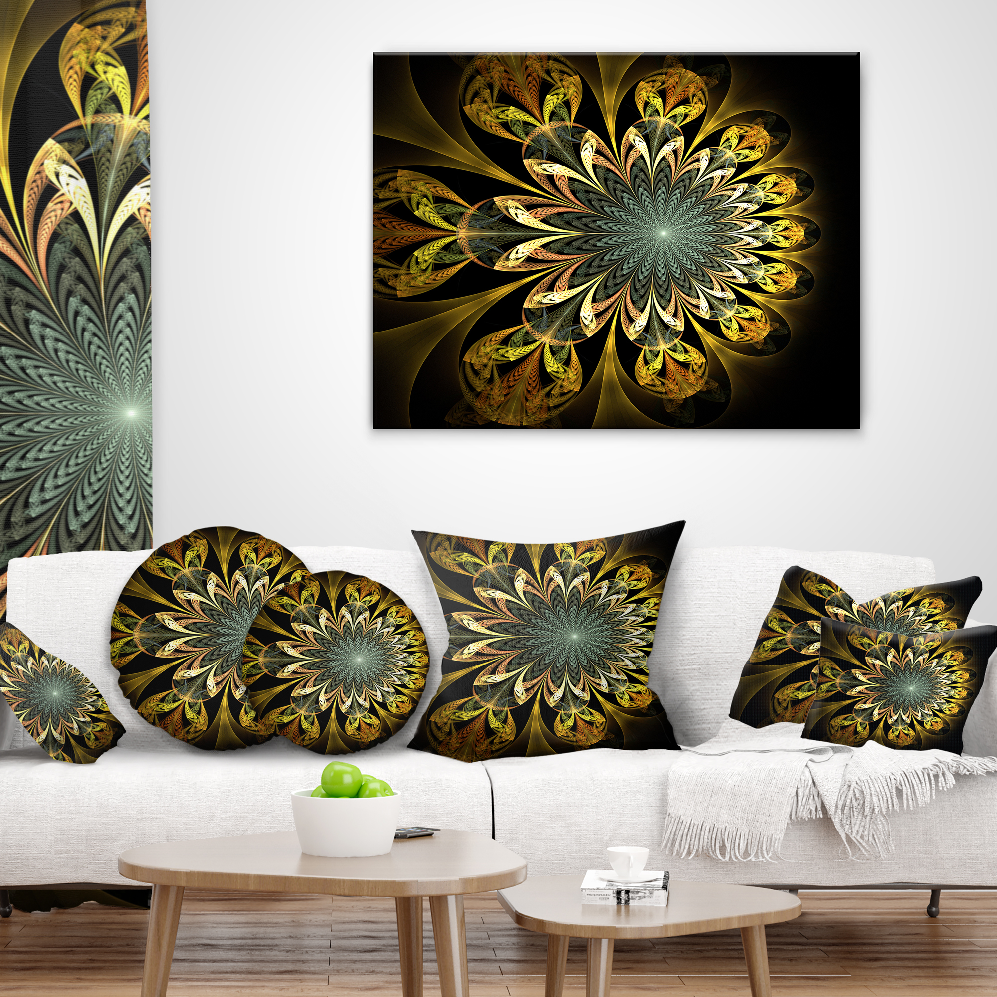 Designart Dark Yellow Digital Flower - Abstract Throw Pillow - 12x20
