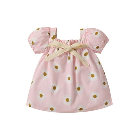 

ZIYIXIN Summer Kids Girls Sweet Dress 3 Colors Flowers Printed Short Sleeve Bowknot A-Line Mini Dress Pink 1-2 Years