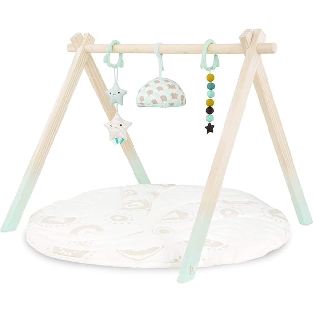 B. Baby - Gimnasio de Madera para bebés - Gimnasio de Actividades para recién Nacidos, bebés, Infantes - 3 Juguetes sensles Colgantes - Alfombra de algodón - Madera Nural - Cielo Estrellado