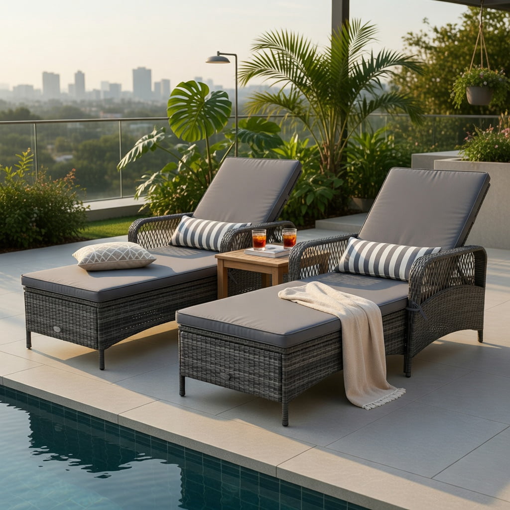 Hommoo Outdoor Chaise Lounge Chair with 6-Position Reclining Backrest, PE Rattan Patio Lounger, Includes Seat Cushion & Waist Pillow, Gray