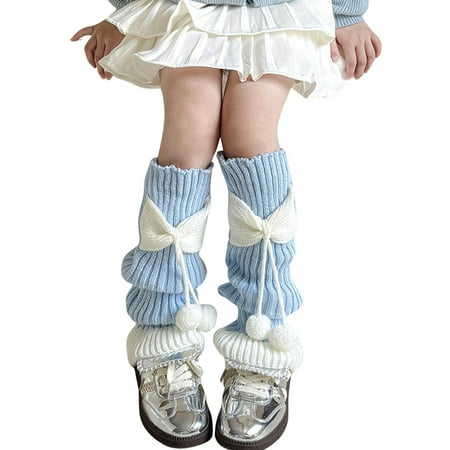 Hwmodou Kids Knit Leg Warmers Knitted Winter Loose Knee High Leg Bow Cute Thermal Warmers Girls 40CM