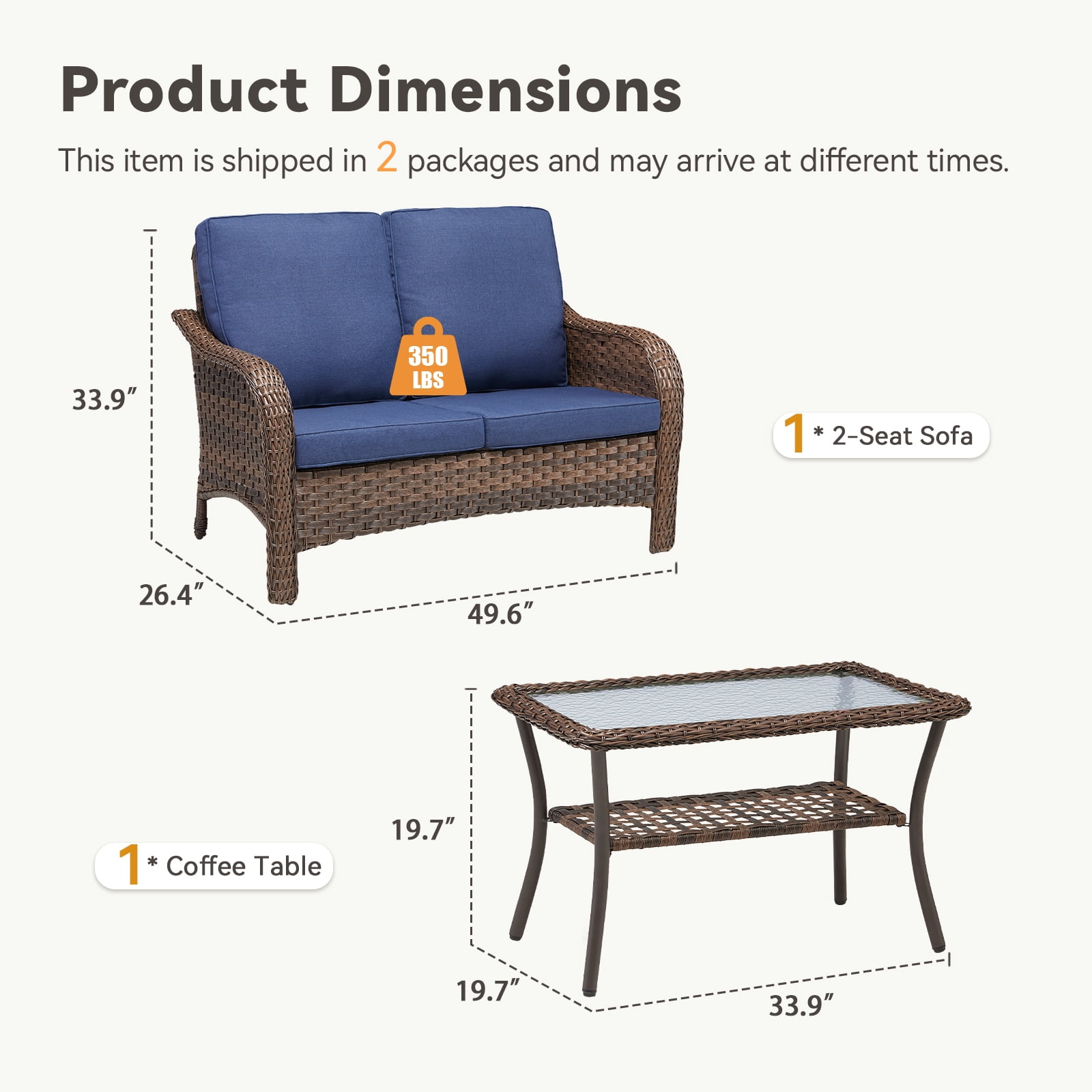 3 Piece Patio Wicker Furniture Sets, Outdoor Loveseat and Ottomans Set with Blue Cushions