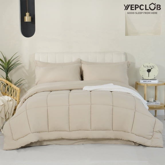 YEPCLUB 7-Piece King Size Comforter Set,Beige Reversible Bed in a Bag,All Season Solid Bedding Set with Sheets,Pillowcases & Shams