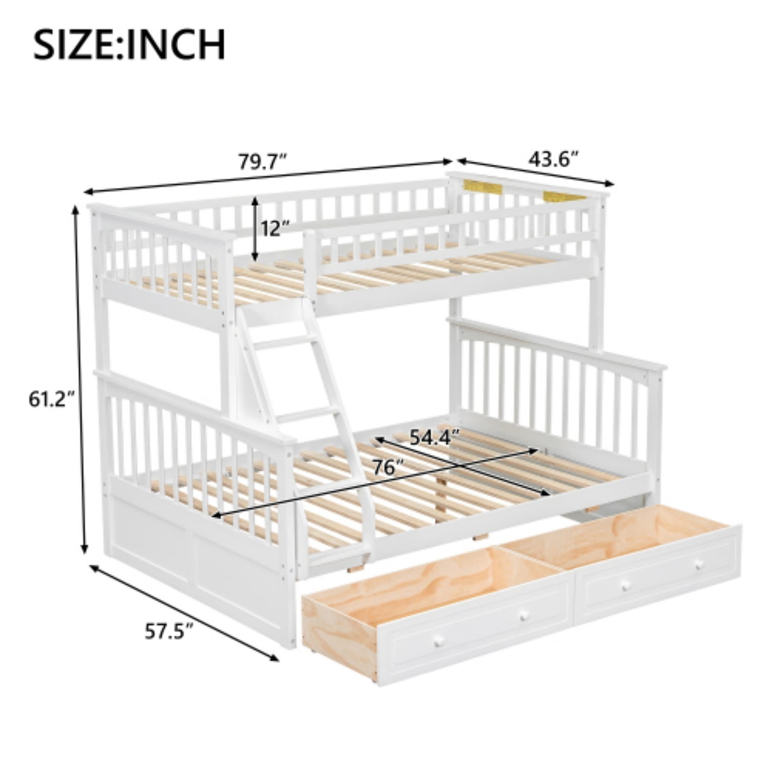 Twin Over Full Bunk Bed with Storage Drawers, Convertible Wood Bunk Bed Frame with Safety Guardrails, Solid Pine Wood Kids Bed for Bedroom, White