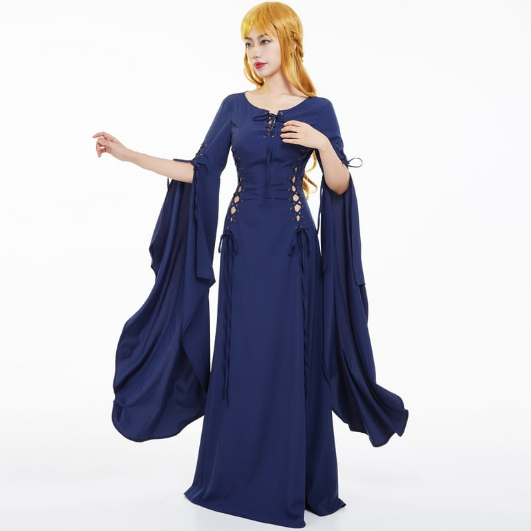 Daizbella Blue Renaissance Dress for Women Medieval Vintage Wedding Dress with Long Trailing Sleeves, L, Women's, Size: Large