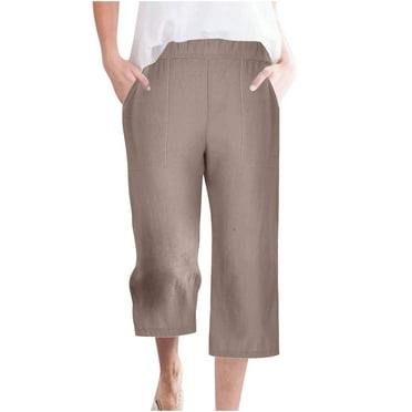 Mlzmgr Cotton Linen Pants for Women Straight Leg Elastic Waist Pants Fall Solid Color Lounge Trousers
