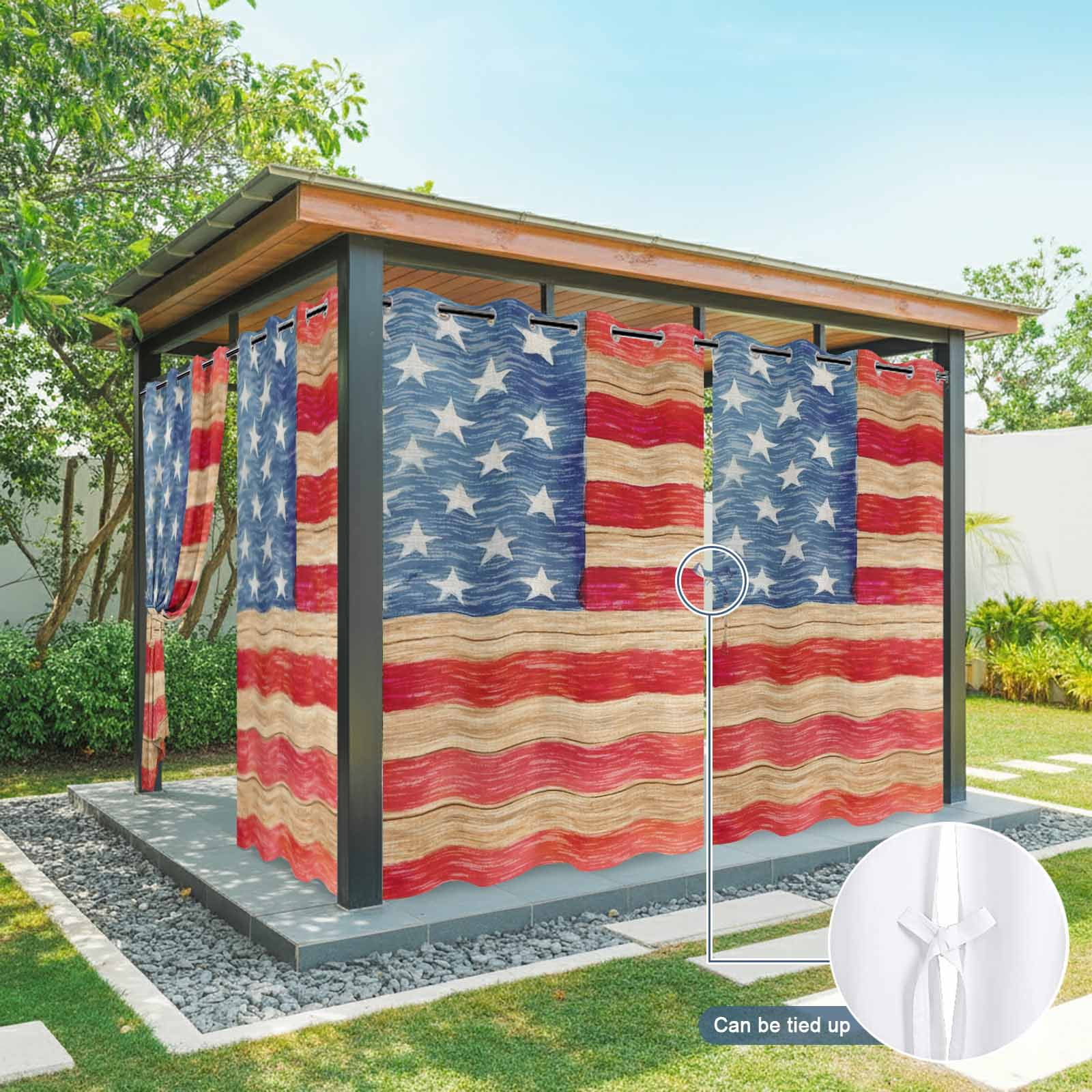Independence Day Outdoor Curtains for Patio, Rustic Red Blue Flag Wood Stripes Sunshade Privacy Drapes Grommet Waterproof Outside Curtains for Porch/Cabana/Balcony 54"x 108", 1 Panel