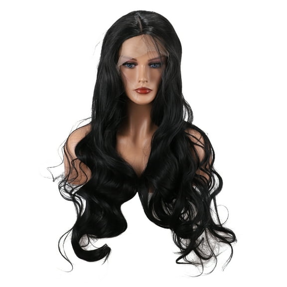Unique Bargains Lace Front Wig For Women Girl 26" Black Long Body Wave with Wig Cap