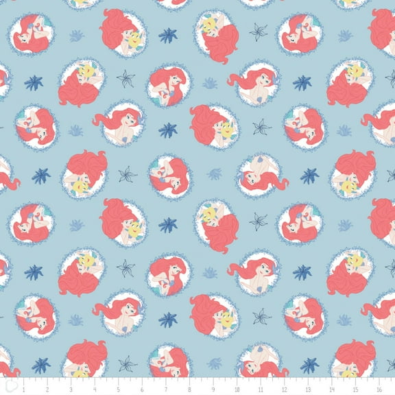 Disney The Little Mermaid Frames Coral and Light Blue 100% Cotton Fabric Sold by the Yard