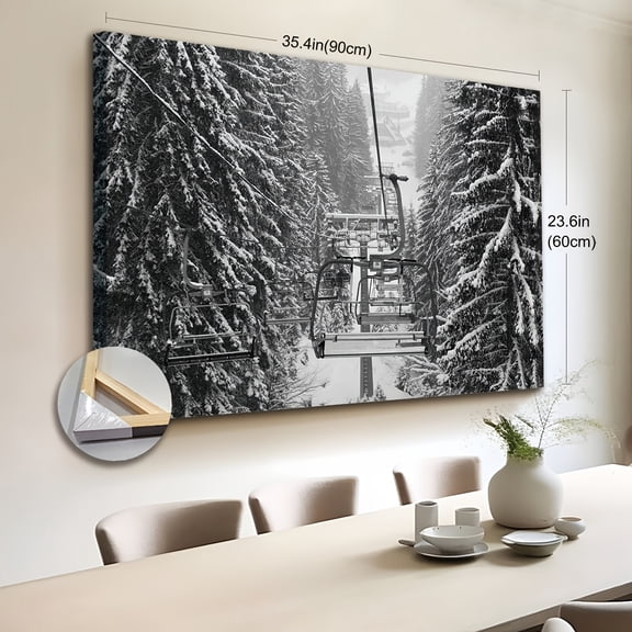 2D Flat 1pc Wooden Framed Extra Large Canvas Wall Art, Ski Lift canvas print, Snow Covered Spruce Trees, Ski decor Skier Gifts, landscape canvas wall art Modern art
