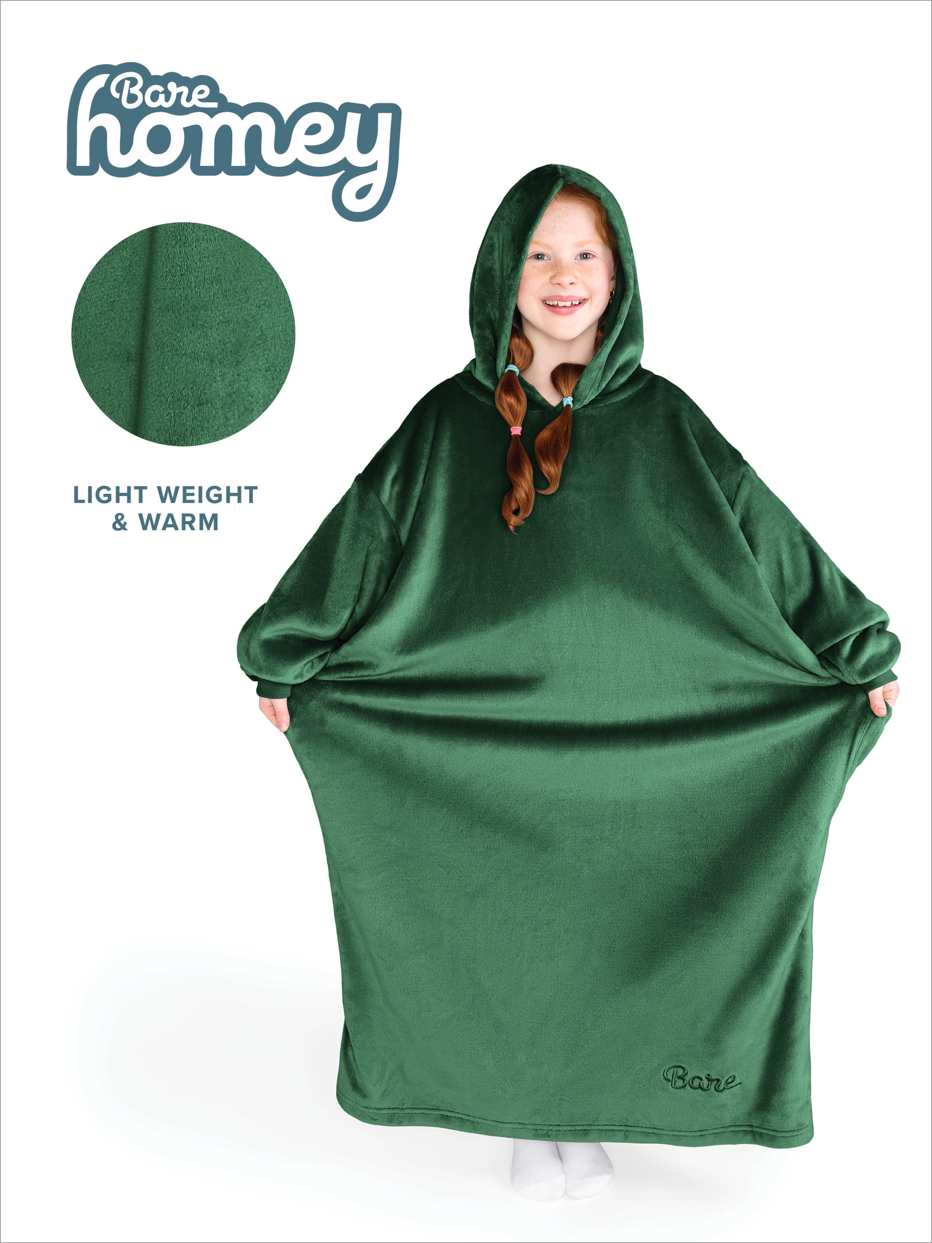 Bare Homey Kids Size Microplush Wearable Blanket - Long Length - Side Pockets - Velvety Soft, Forest Green