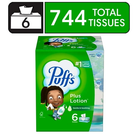 Puffs Plus Lotion Facial Tissue, 6 Family Boxes, 124 Tissues Per Box