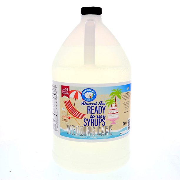 Jarabe para raspados y conos de nieve - Galón (128 onzas líquidas) - Pastel de bodas - Elaborado con azúcar de caña 100 % pura sin OGM, sin jarabe de maíz - Botella de plástico reciclable sin BPA
