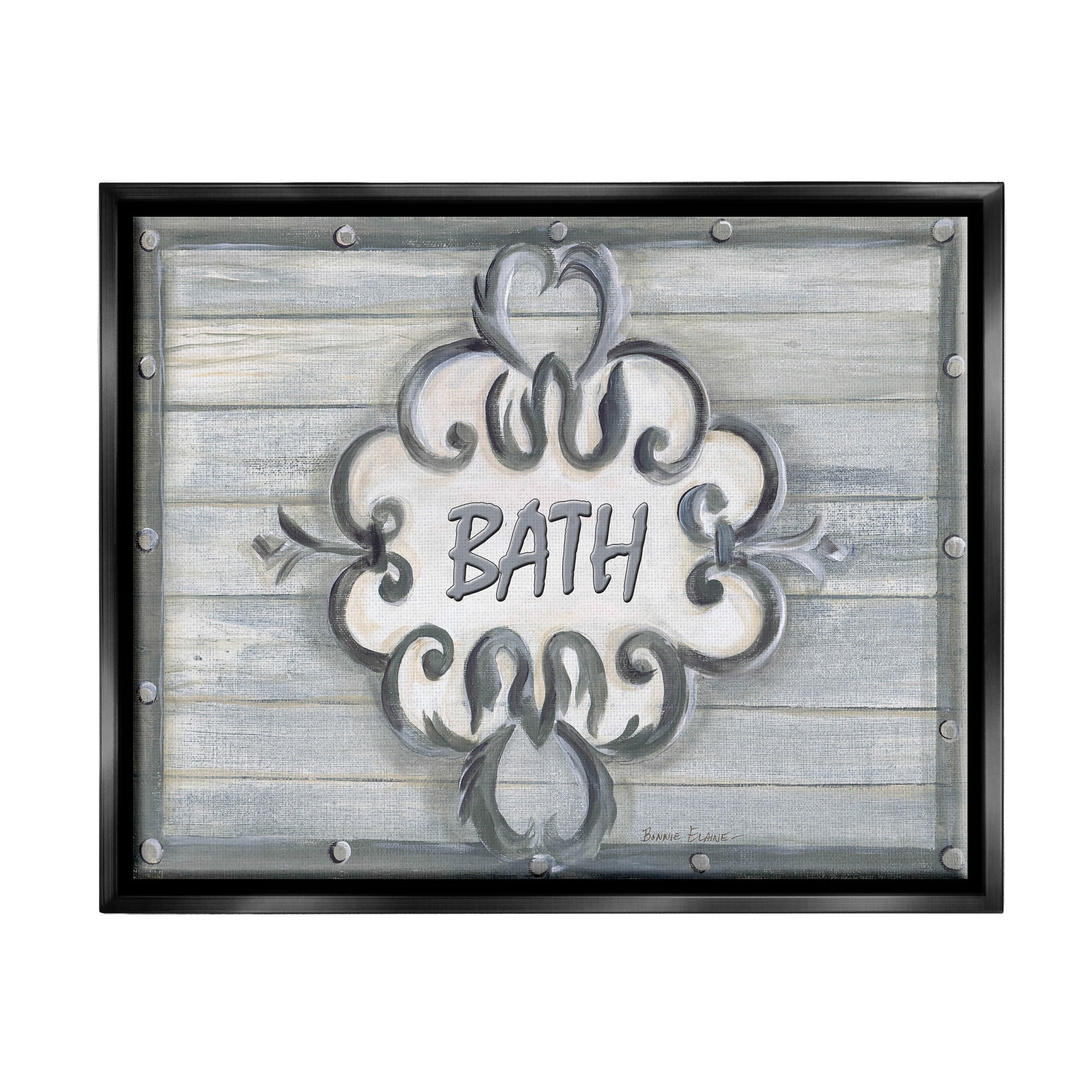 Stupell Industries Bath Grey Bead Board with Scroll Plaque Bathroom Jet Black Framed Floating Canvas Wall Art, 16x20, by Bonnie Wrublesky