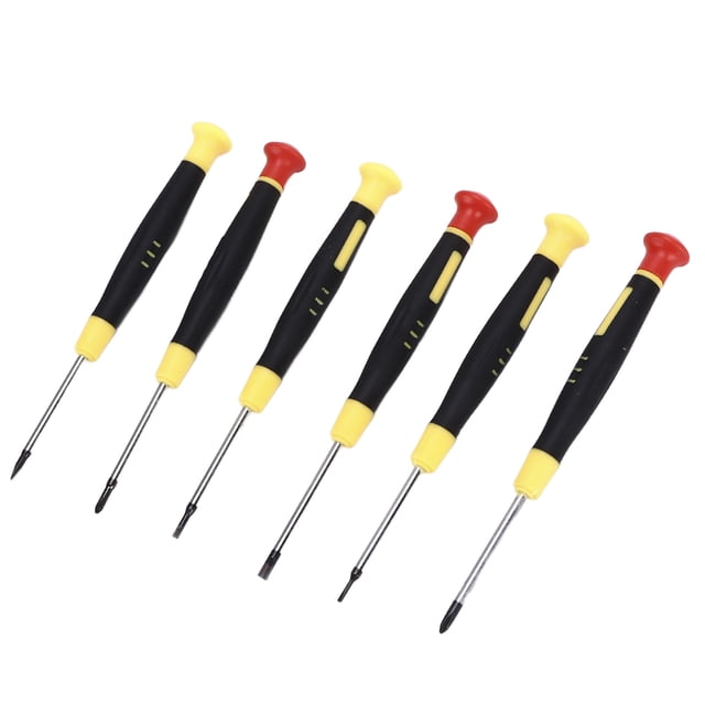 juego de mini destornilladores, juego de destornilladores pequeños de 6 piezas juego de destornilladores pequeños juego de destornilladores de precisión calidad inigualable set de seis destornilladores con mangos negros y amarillos y casquillos rojos; 4 puntas planas (1.4, 2.0, 2.5, 3.0) y 2 Phillips (PH0, PH1), puntas de acero de aleación, cola giratoria 360° y caja de almacenamiento; apto para mantenimiento de relojes y gafas.