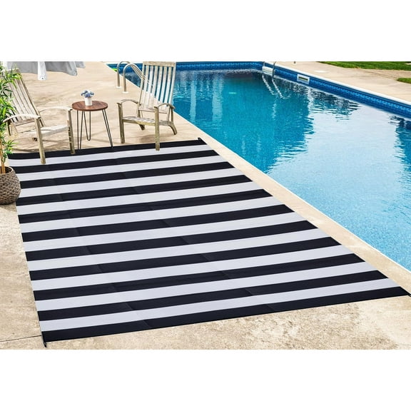 MMZP Outdoor Camping Rug - Waterproof, Fade Resistant, Reversible - Premium Recycled Plastic - Herringbone - Large Patio, Deck, Sunroom, RV - Fresno - Light Blue - 9 x 12 ft Foldable