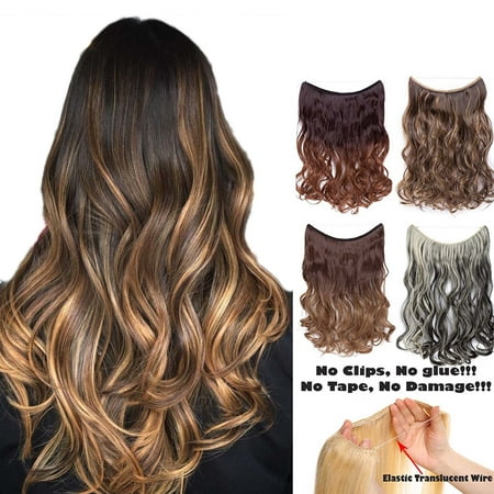 Real Hair Extensions Dark Blonde S-noilite 20-22 inches Invisible Wire No Clips in Hair Extensions Secret Fish Line Hairpieces Silky Straight real natural Synthetic Brown & caramel blonde, 20