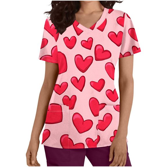 Summer Tops Viikei Womens Plus Size Tops Short Sleeve,Women's Short Sleeve V-neck Top Valentine's Day Printed Pocket Nurse Top Multicolor S