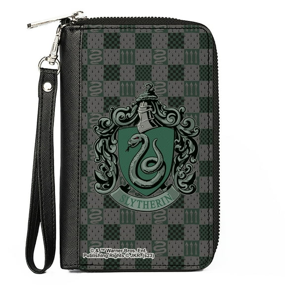 The Wizarding World of Harry Potter Wallet, Zip Around, Slytherin Crest Heraldry Checkers Gray Greens, Vegan Leather