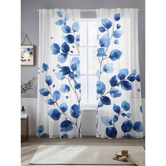 Watercolor Floral Sheer Curtains for Living Room Bedroom Blue Verdant Flower Patterns Sheer Curtains 108 Inch Long 2 Panels Set Light Filtering Curtain Window Treatments Drapes for Dining Room