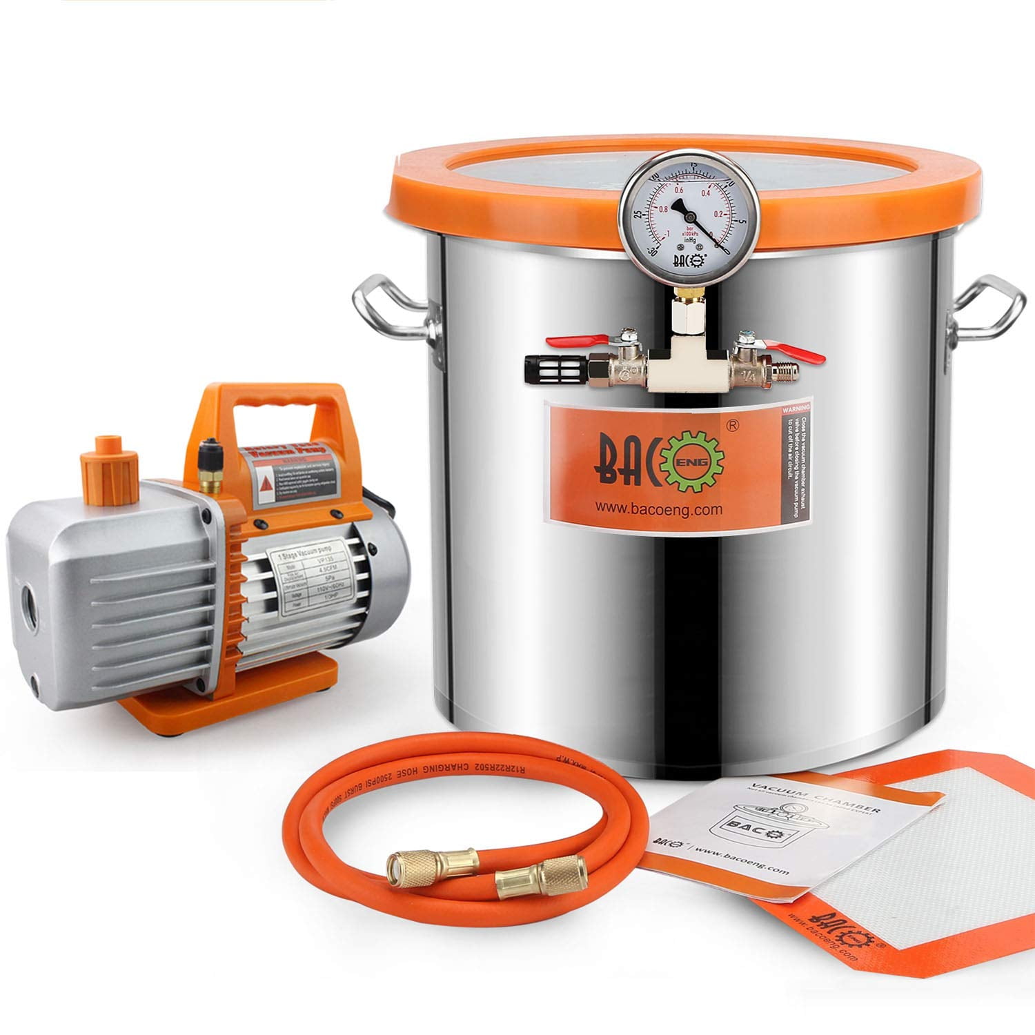 BACOENG 5 Gallon Vacuum Chamber Kit with 4.5 CFM 1 Stage Vacuum Pump HVAC( 3/5 Gallon Chambers