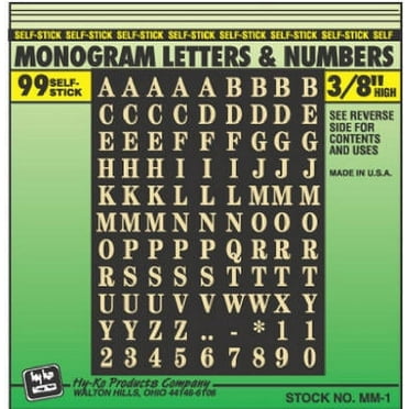Hy-Ko MM-1 Self-Stick Monogram Letters & Numbers, 3/8", Gold On Black, Pack of 10
