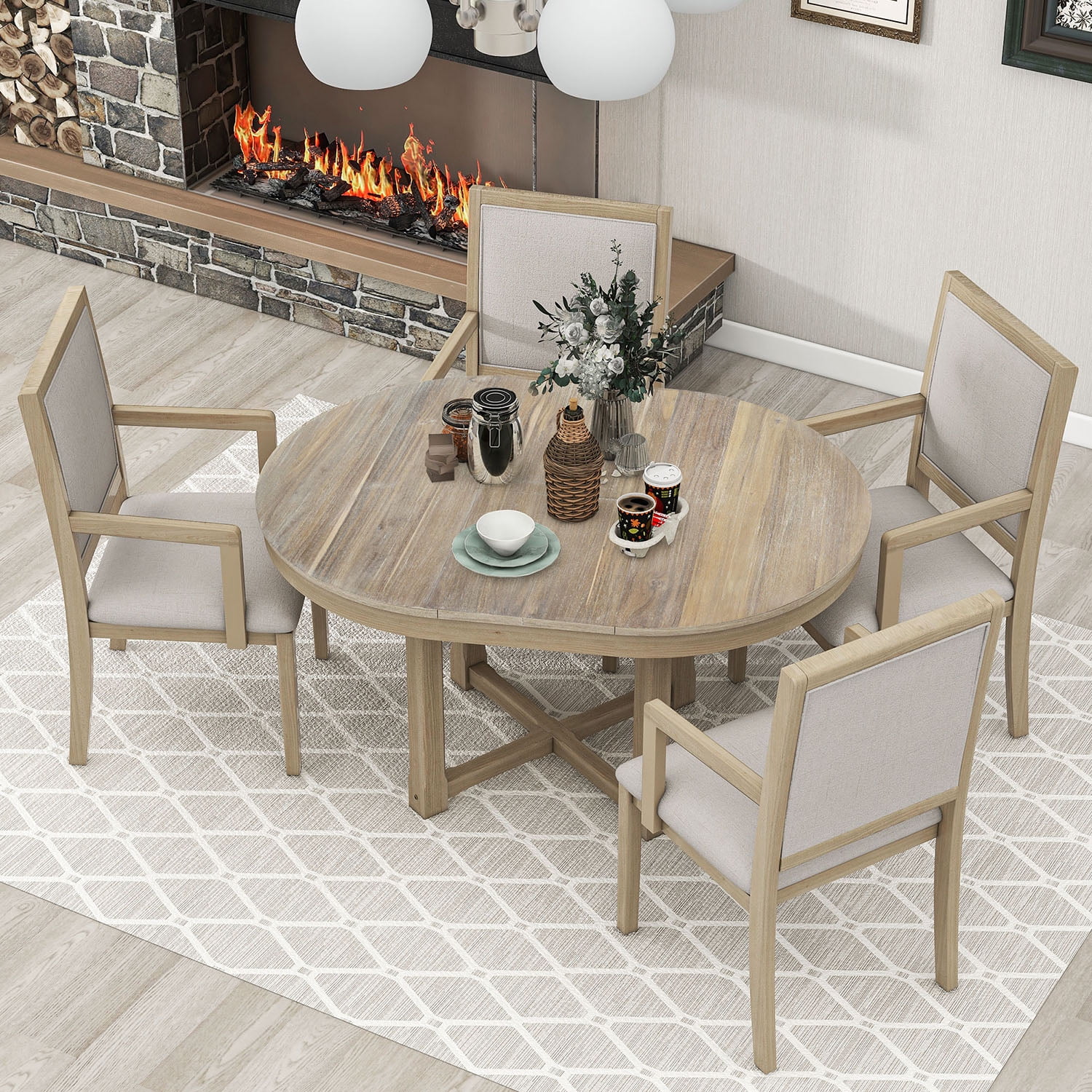 Kepooman 5 Piece Dining Room Table Set for Home, 4 Upholstered Dining Chairs with Armrests, Extendable Butterfly Leaf Wood Dining Table, Natural Kepooman 5 Piece Dining Room Table Set for Home, 4 Upholstered Dining Chairs with Armrests, Extendable Butterfly Leaf Wood Dining Table, Natural