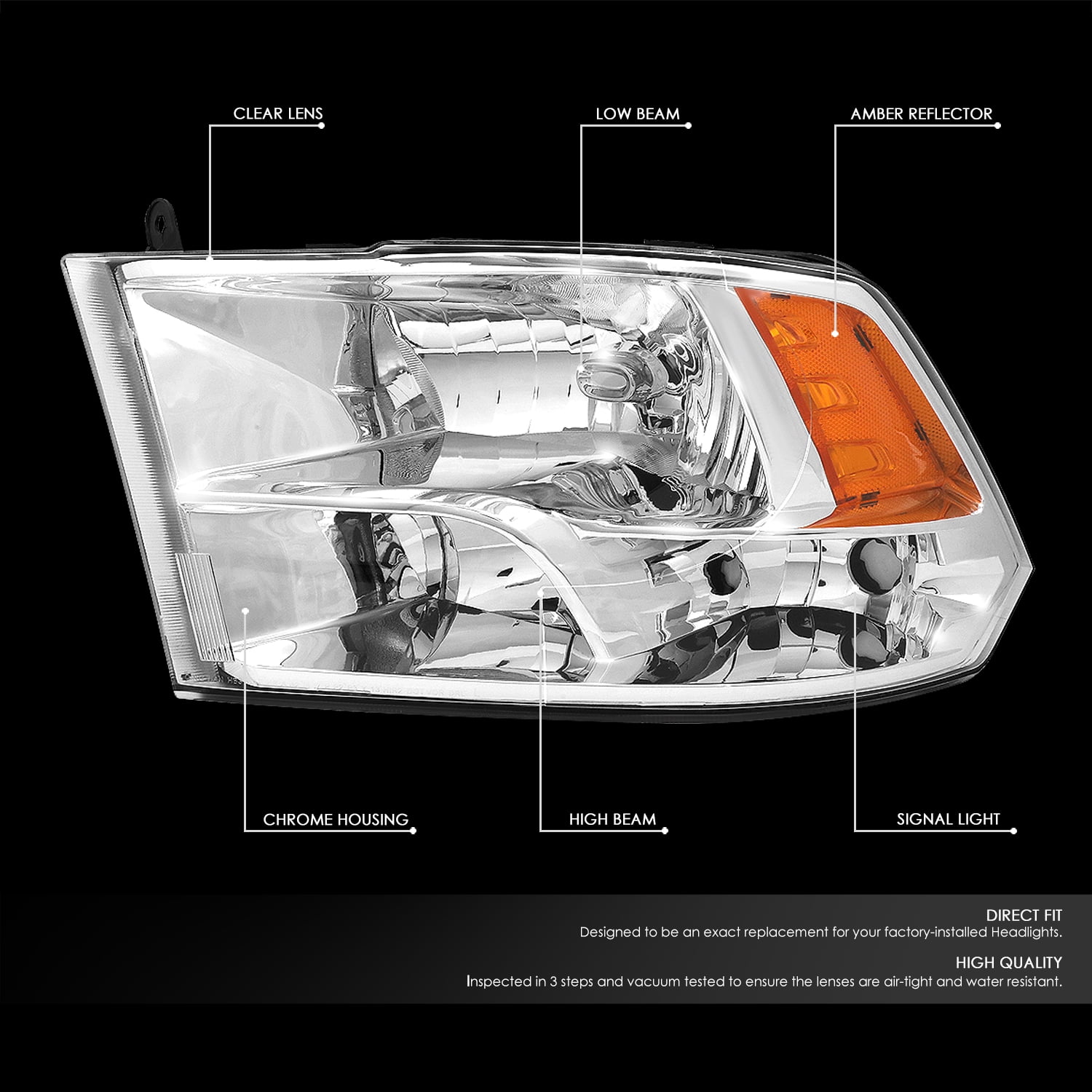 DNA Motoring FOR 09-18 Ram 1500 2500 3500 Quad Chrome Amber Corner Headlight Lamps Pair